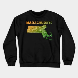 Colorful mandala art map of Massachusetts with text in green and orange Crewneck Sweatshirt